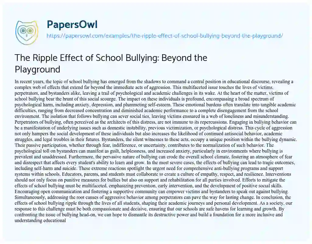 Essay on The Ripple Effect of School Bullying: Beyond the Playground