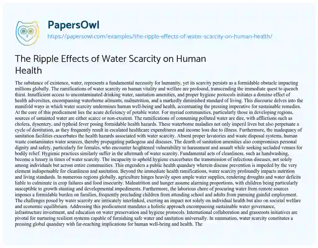 Essay on The Ripple Effects of Water Scarcity on Human Health