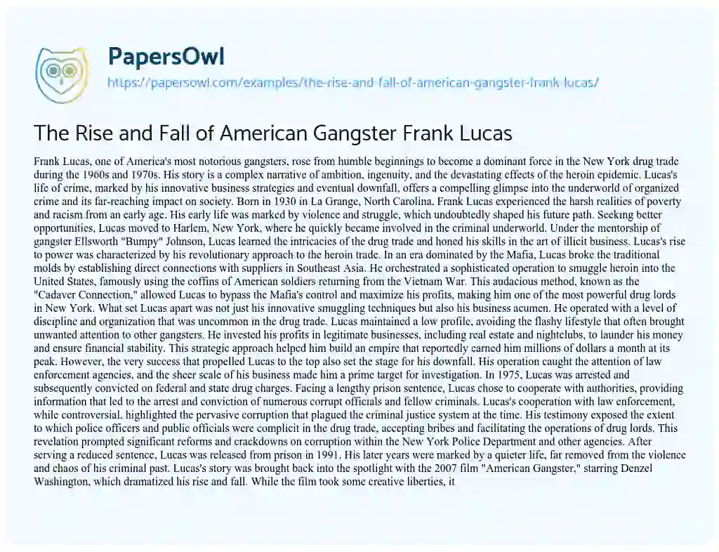 Essay on The Rise and Fall of American Gangster Frank Lucas