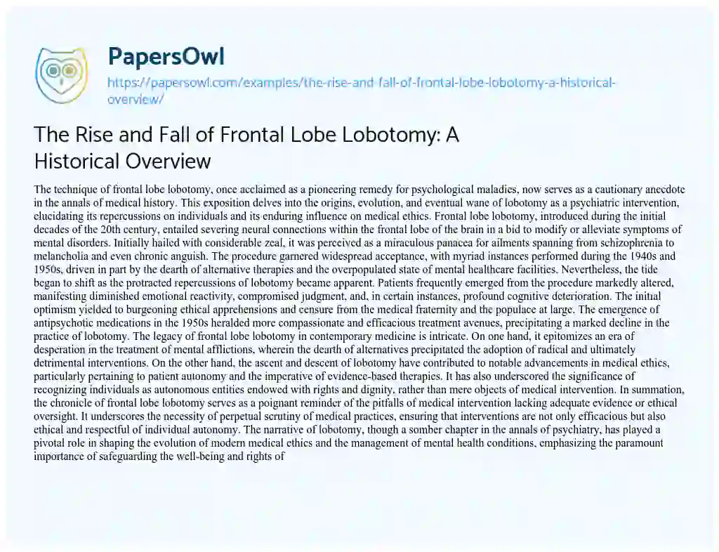 Essay on The Rise and Fall of Frontal Lobe Lobotomy: a Historical Overview