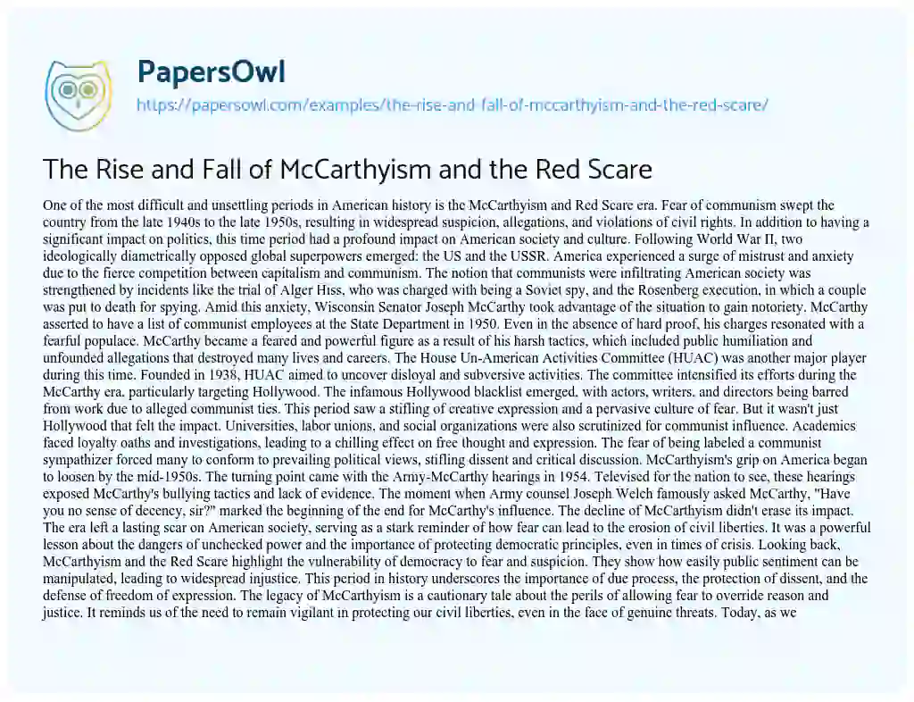 Essay on The Rise and Fall of McCarthyism and the Red Scare