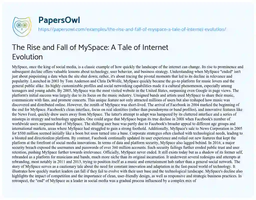 Essay on The Rise and Fall of MySpace: a Tale of Internet Evolution