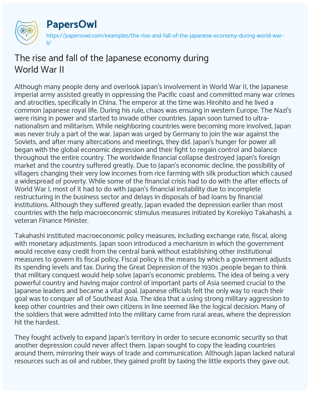 Essay on The Rise and Fall of the Japanese Economy during World War II