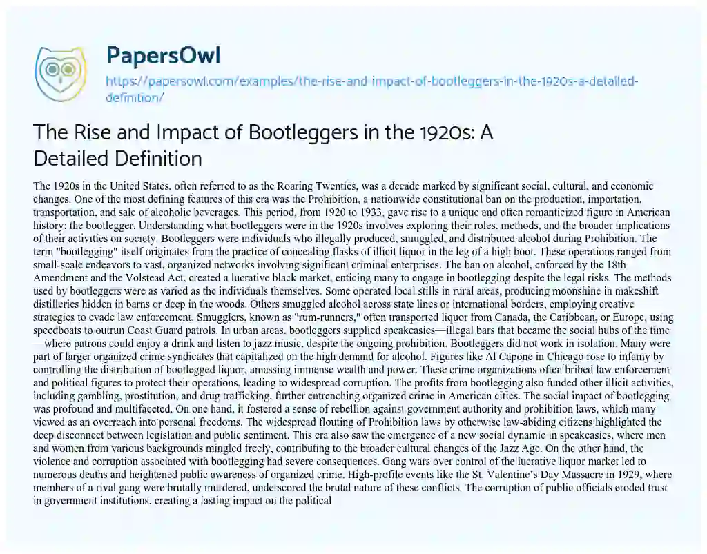 Essay on The Rise and Impact of Bootleggers in the 1920s: a Detailed Definition