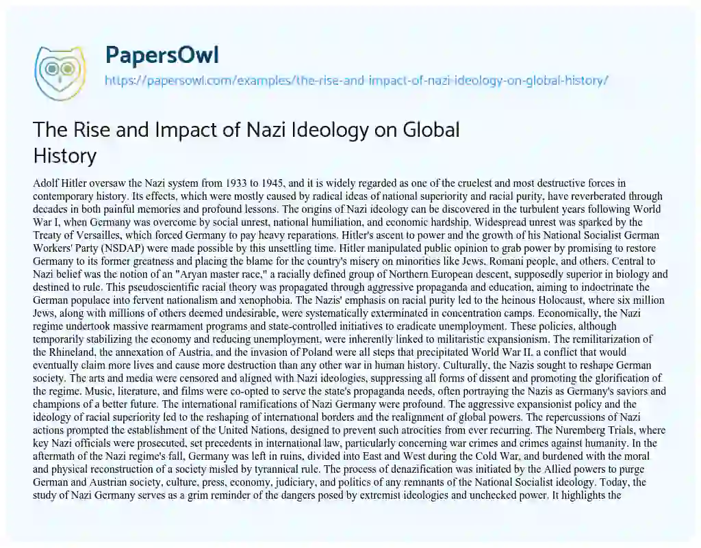 Essay on The Rise and Impact of Nazi Ideology on Global History