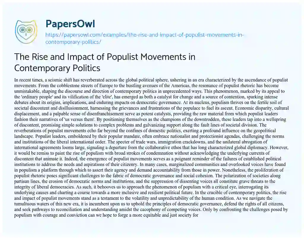 Essay on The Rise and Impact of Populist Movements in Contemporary Politics