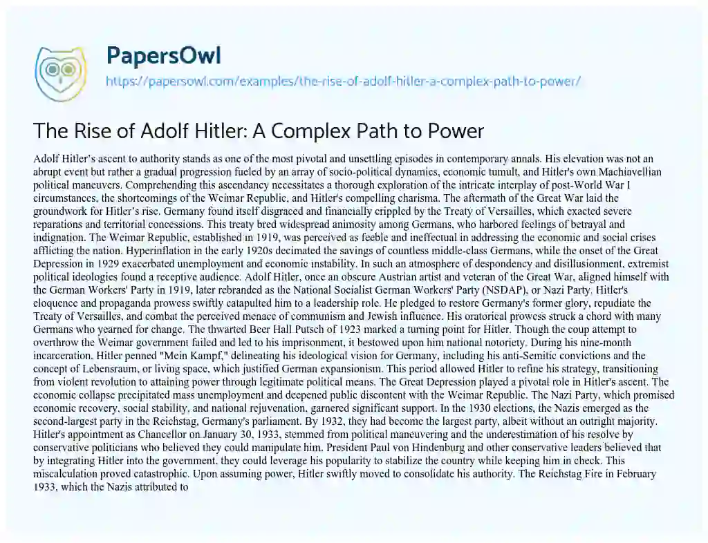 Essay on The Rise of Adolf Hitler: a Complex Path to Power