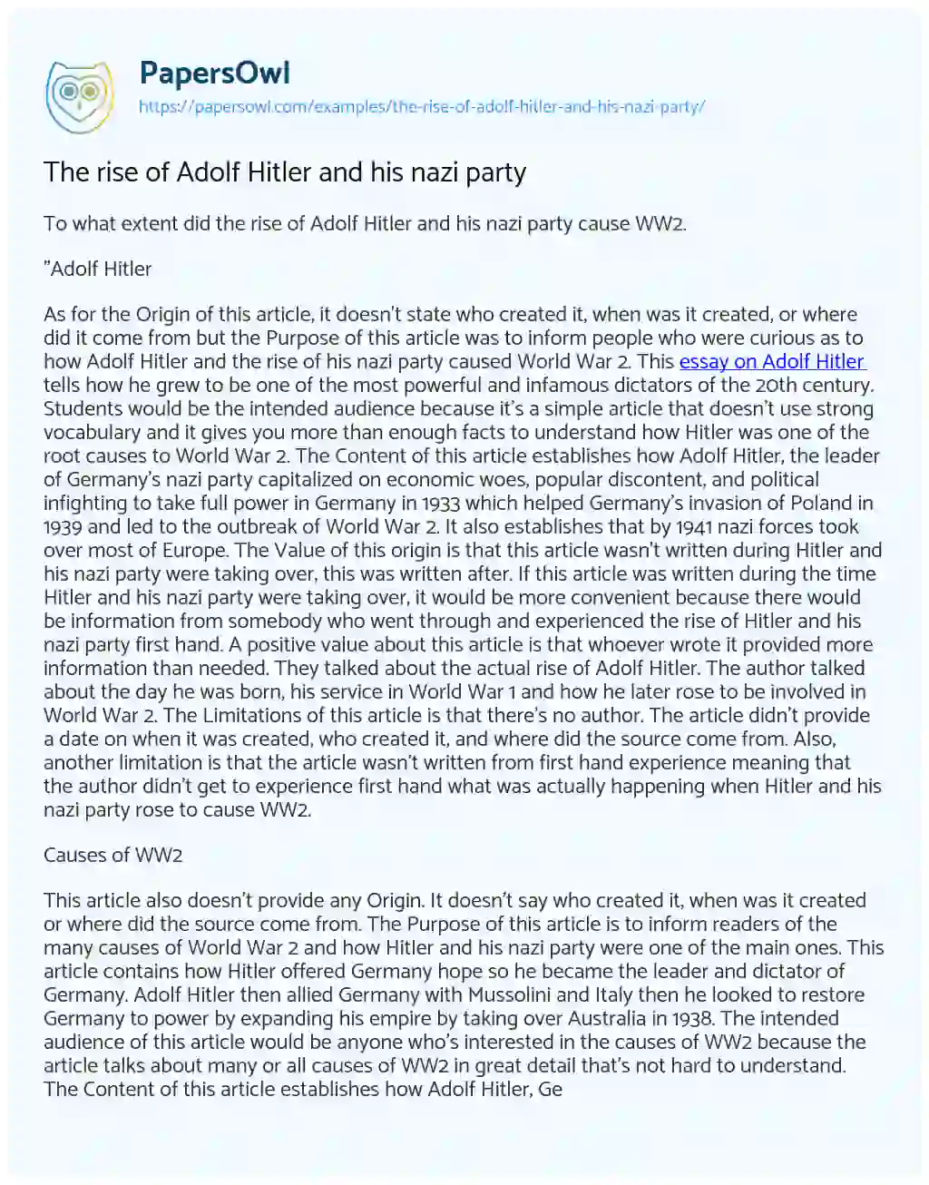 Essay on The Rise of Adolf Hitler and his Nazi Party
