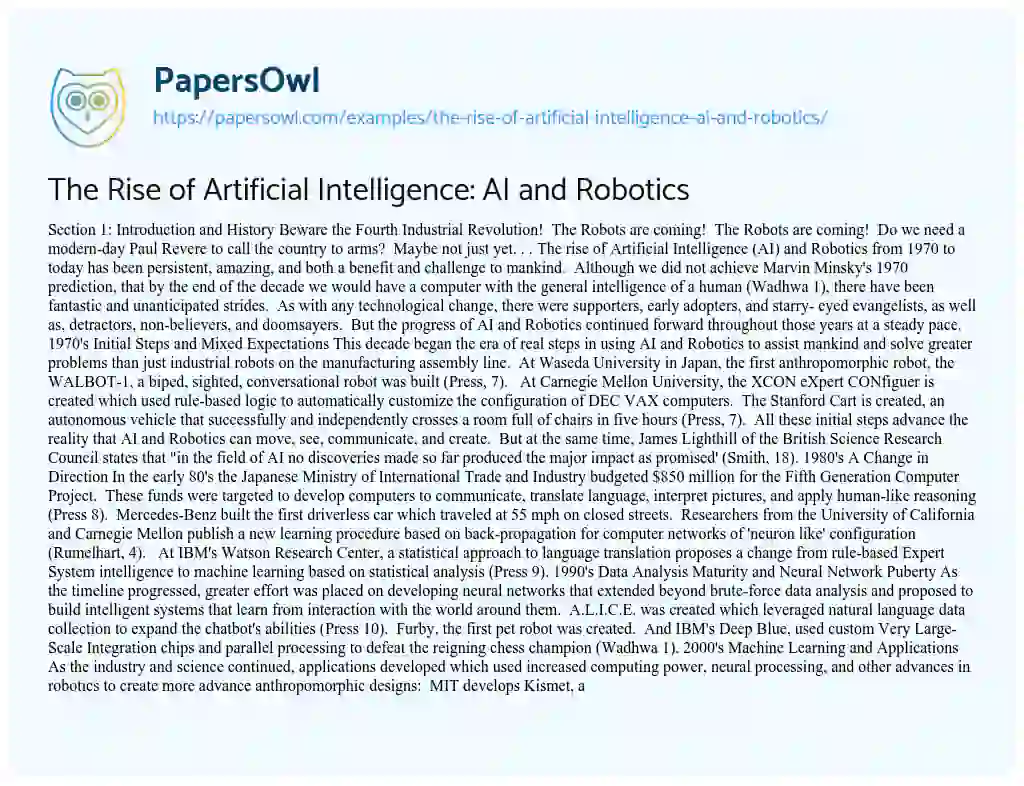 Essay on The Rise of Artificial Intelligence: AI and Robotics