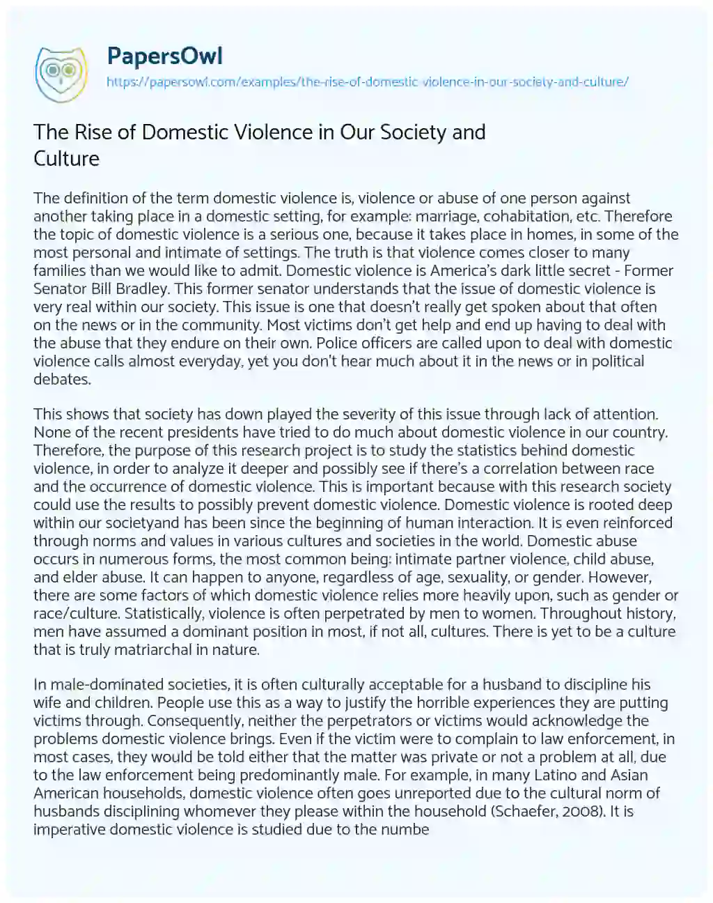 Essay on The Rise of Domestic Violence in our Society and Culture