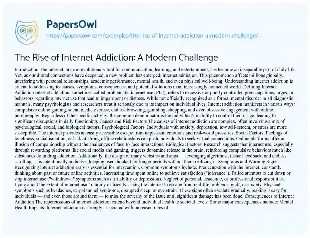 Essay on The Rise of Internet Addiction: A Modern Challenge