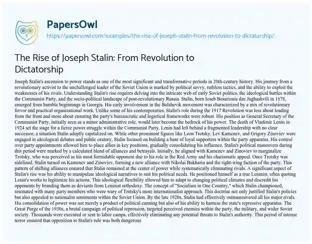 Essay on The Rise of Joseph Stalin: from Revolution to Dictatorship