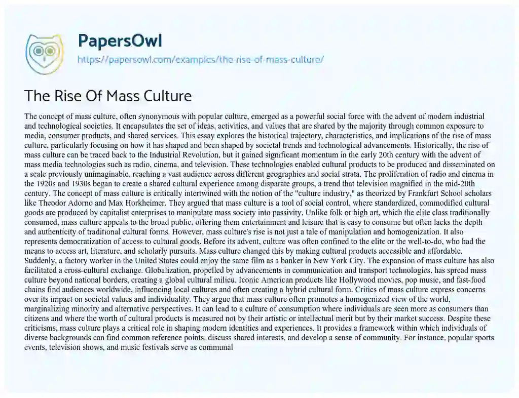 Essay on The Rise of Mass Culture
