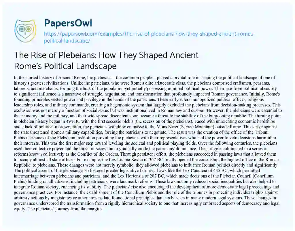 Essay on The Rise of Plebeians: How They Shaped Ancient Rome’s Political Landscape
