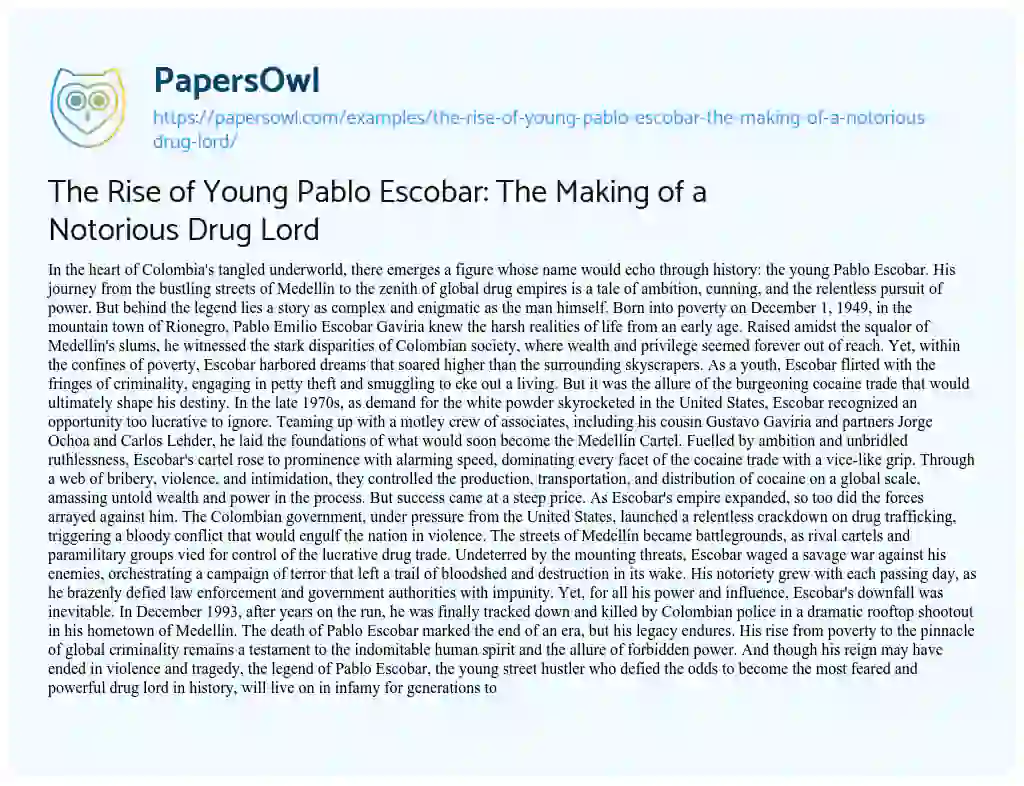 Essay on The Rise of Young Pablo Escobar: the Making of a Notorious Drug Lord