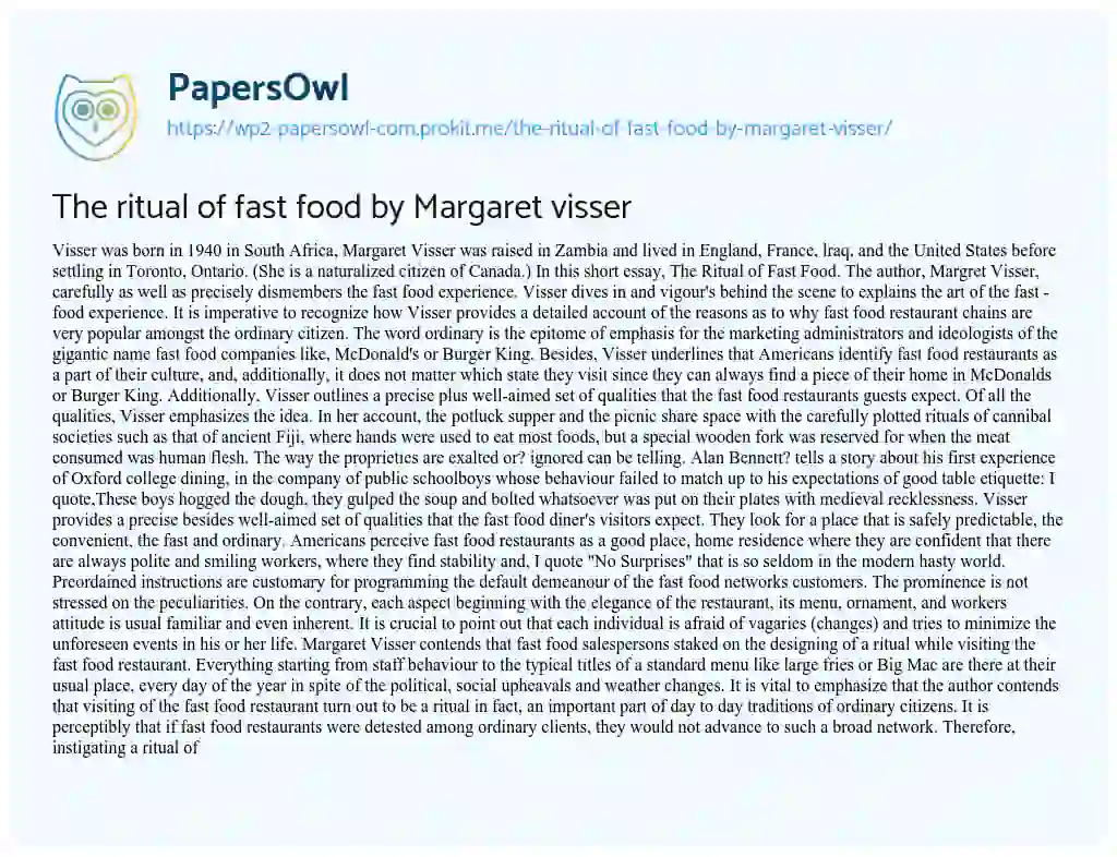 Essay on The Ritual of Fast Food by Margaret Visser