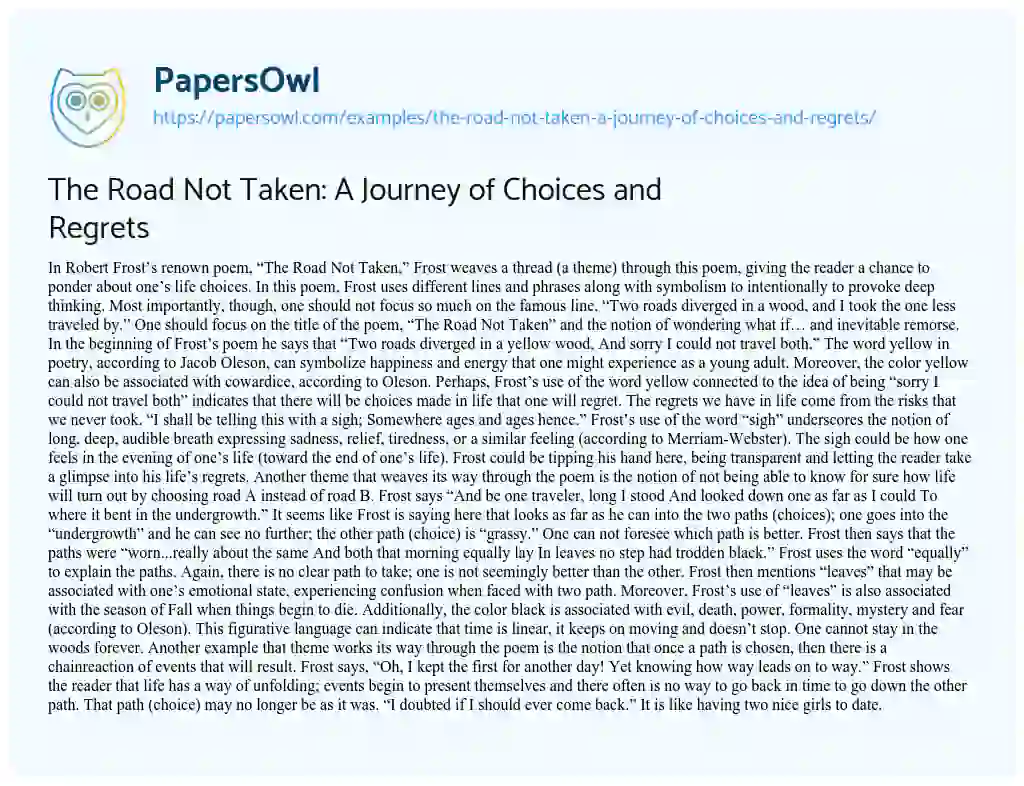 Essay on The Road not Taken: a Journey of Choices and Regrets