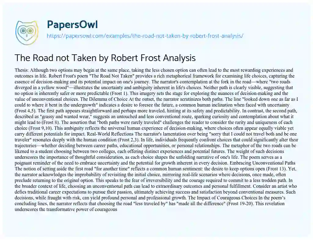 Essay on The Road not Taken by Robert Frost Analysis