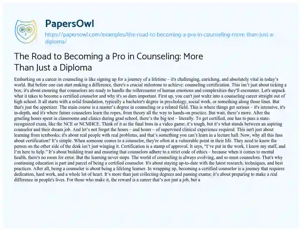 Essay on The Road to Becoming a Pro in Counseling: more than Just a Diploma