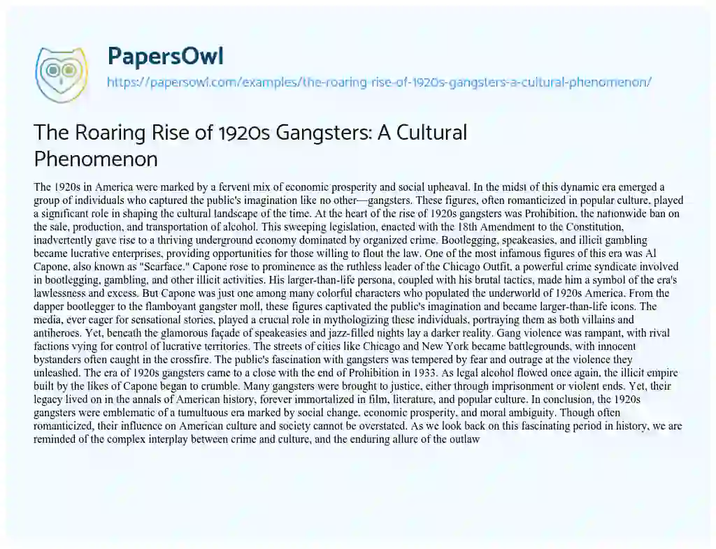 Essay on The Roaring Rise of 1920s Gangsters: a Cultural Phenomenon