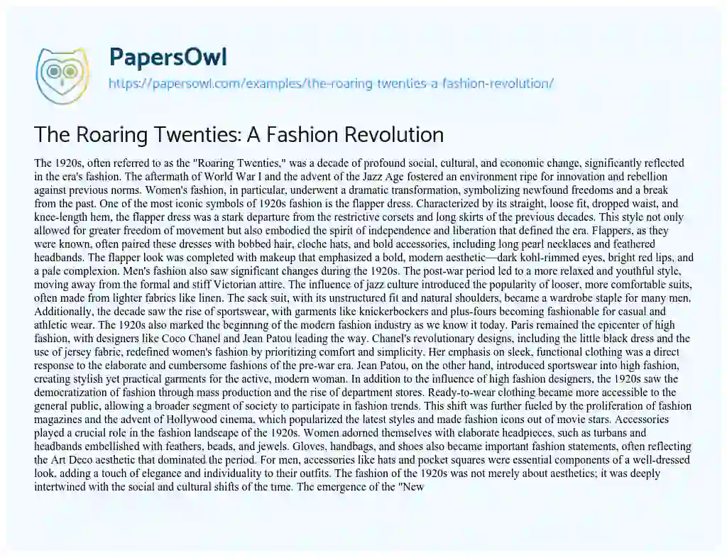 Essay on The Roaring Twenties: a Fashion Revolution