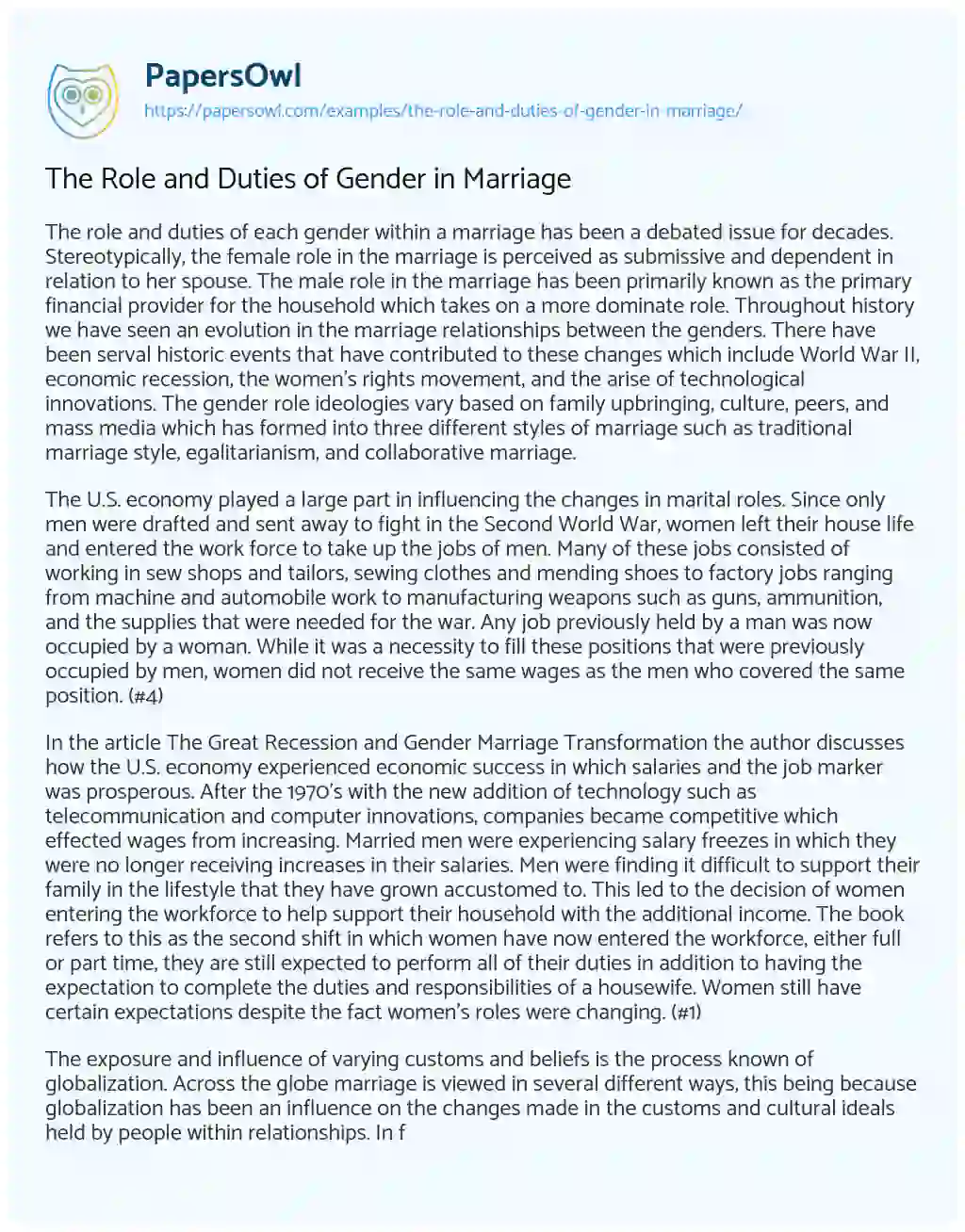 The Role and Duties of Gender in Marriage essay