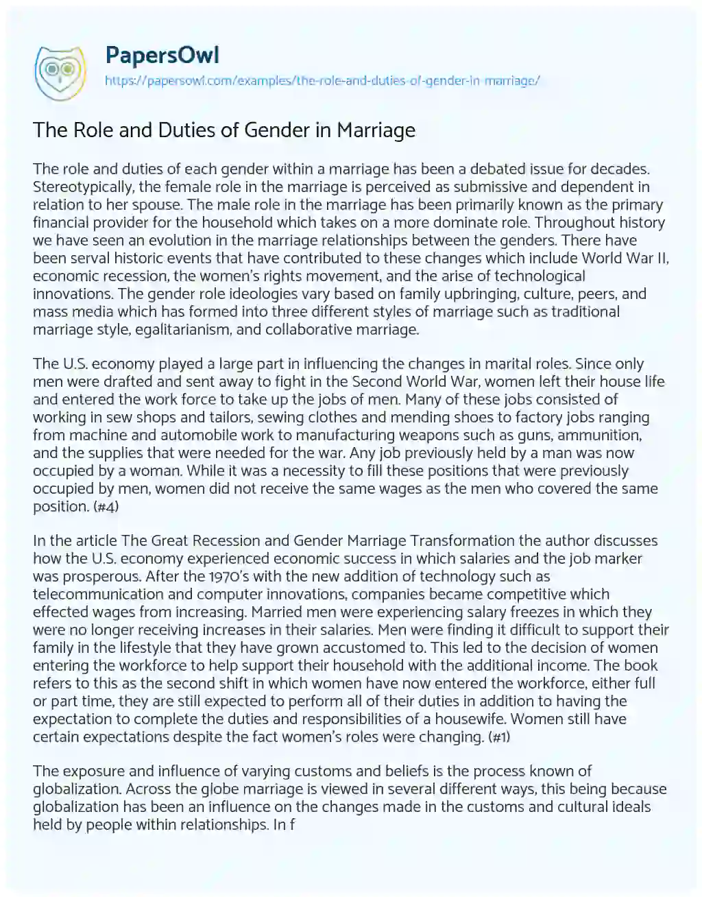 Essay on The Role and Duties of Gender in Marriage