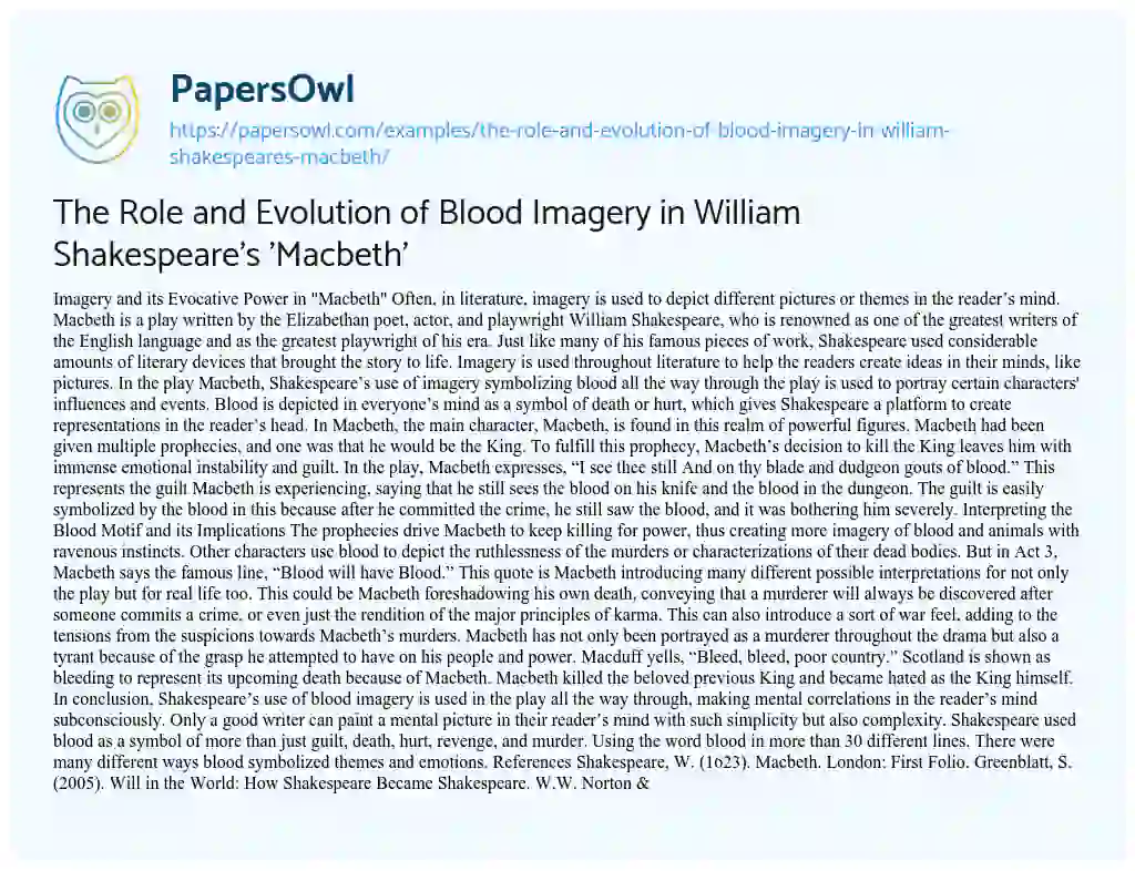 Essay on The Role and Evolution of Blood Imagery in William Shakespeare’s ‘Macbeth’