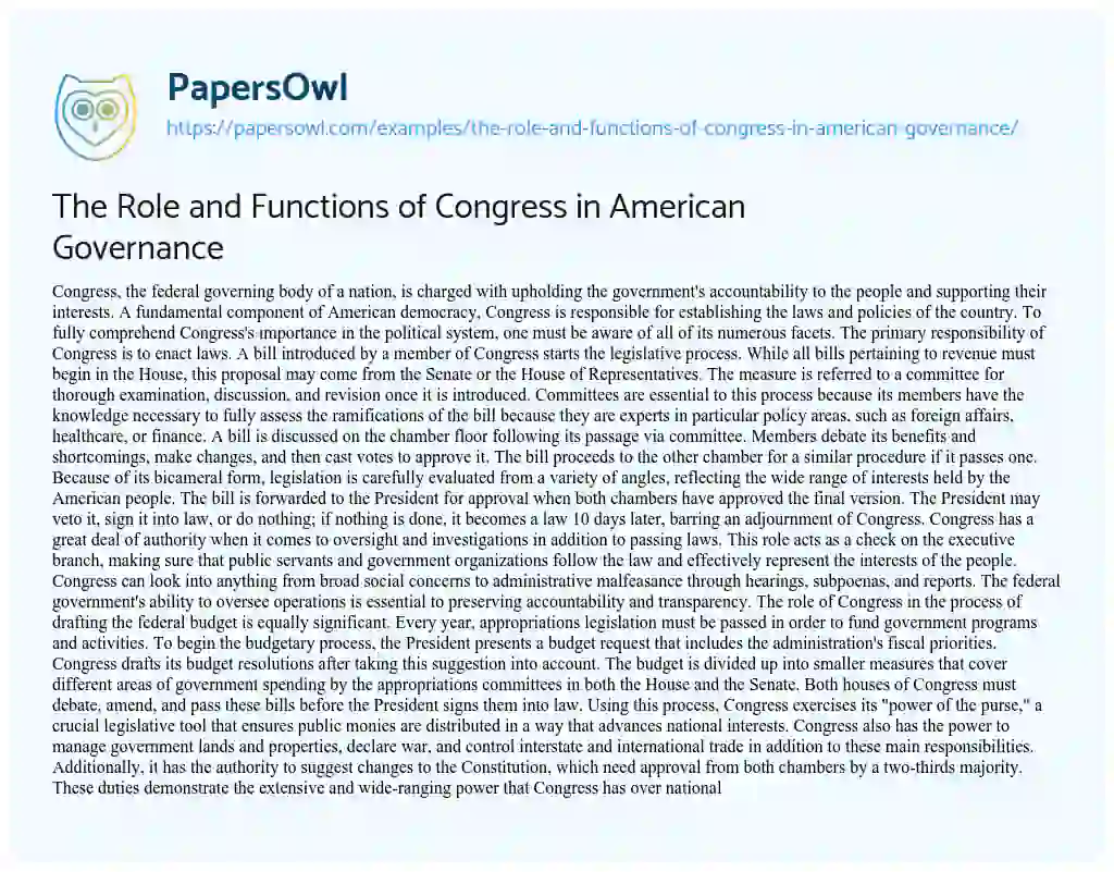 Essay on The Role and Functions of Congress in American Governance