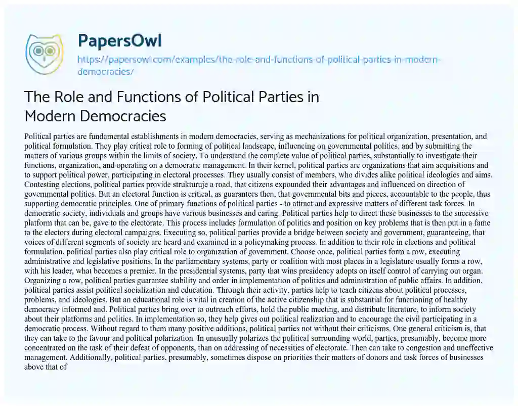 Essay on The Role and Functions of Political Parties in Modern Democracies