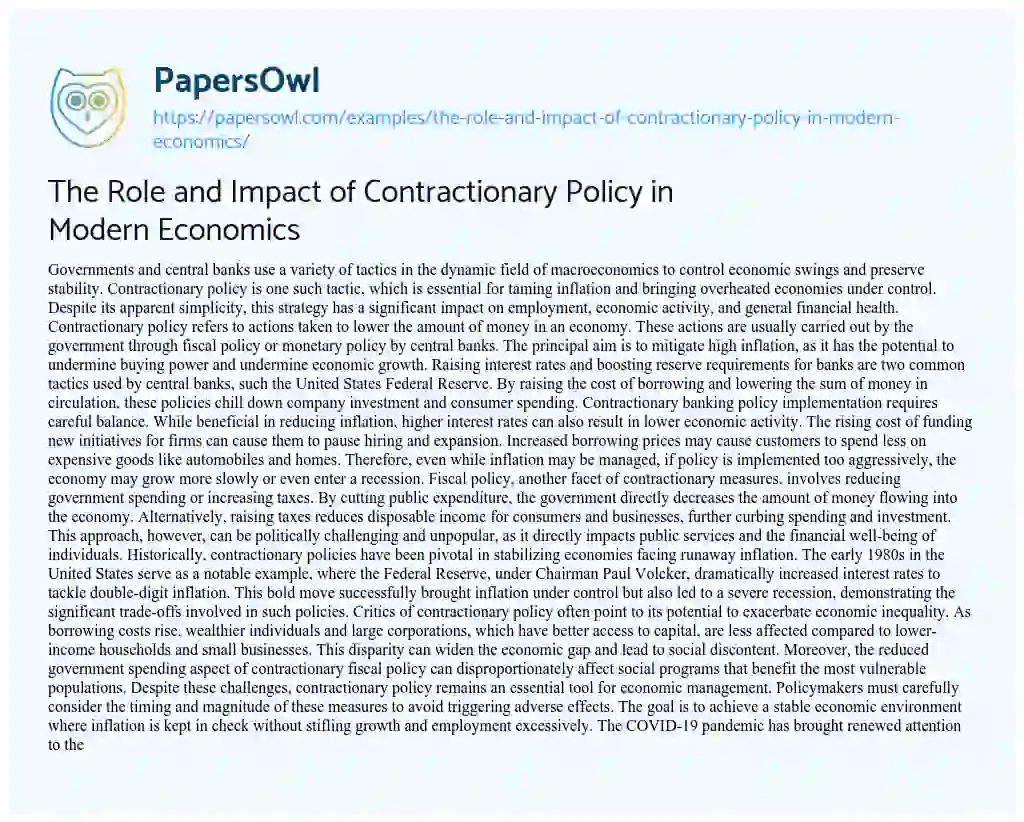 Essay on The Role and Impact of Contractionary Policy in Modern Economics