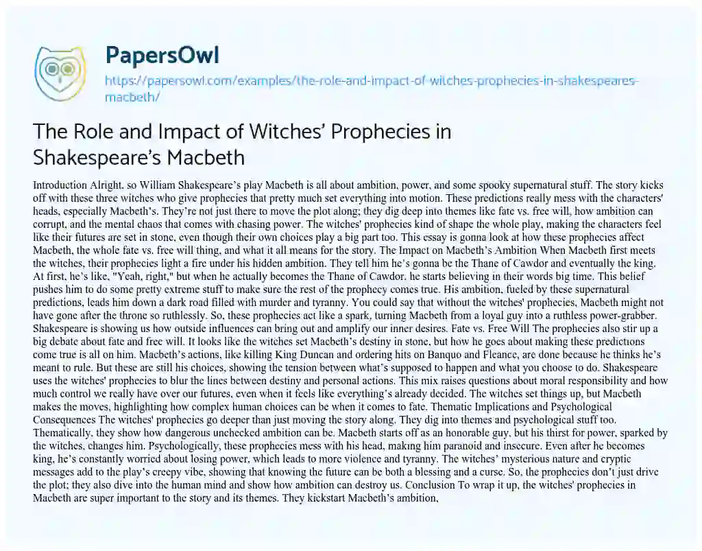 Essay on The Role and Impact of Witches’ Prophecies in Shakespeare’s Macbeth