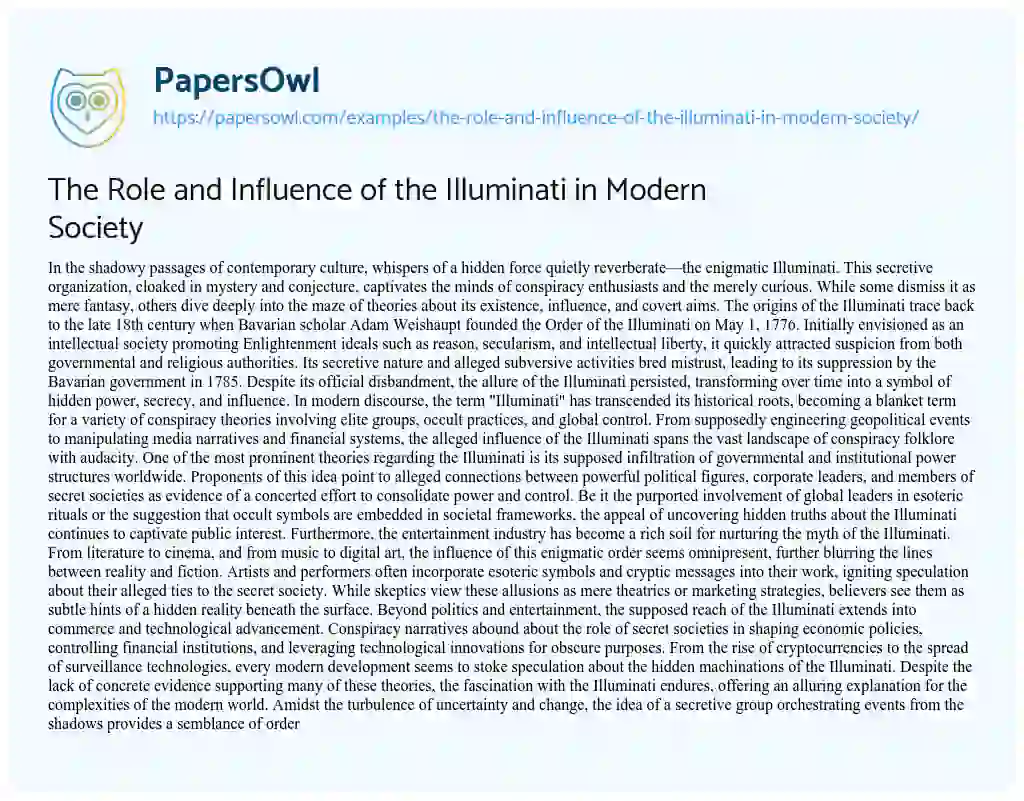 Essay on The Role and Influence of the Illuminati in Modern Society
