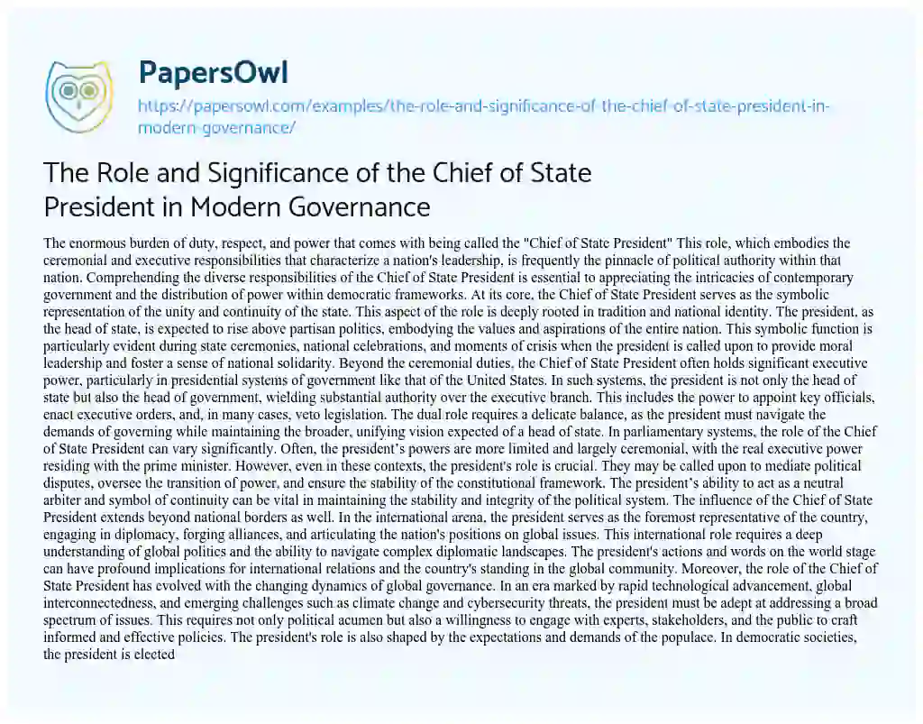 Essay on The Role and Significance of the Chief of State President in Modern Governance