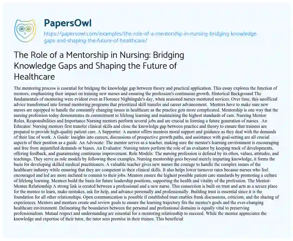 Essay on The Role of a Mentorship in Nursing: Bridging Knowledge Gaps and Shaping the Future of Healthcare