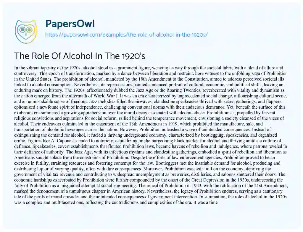 Essay on The Role of Alcohol in the 1920’s