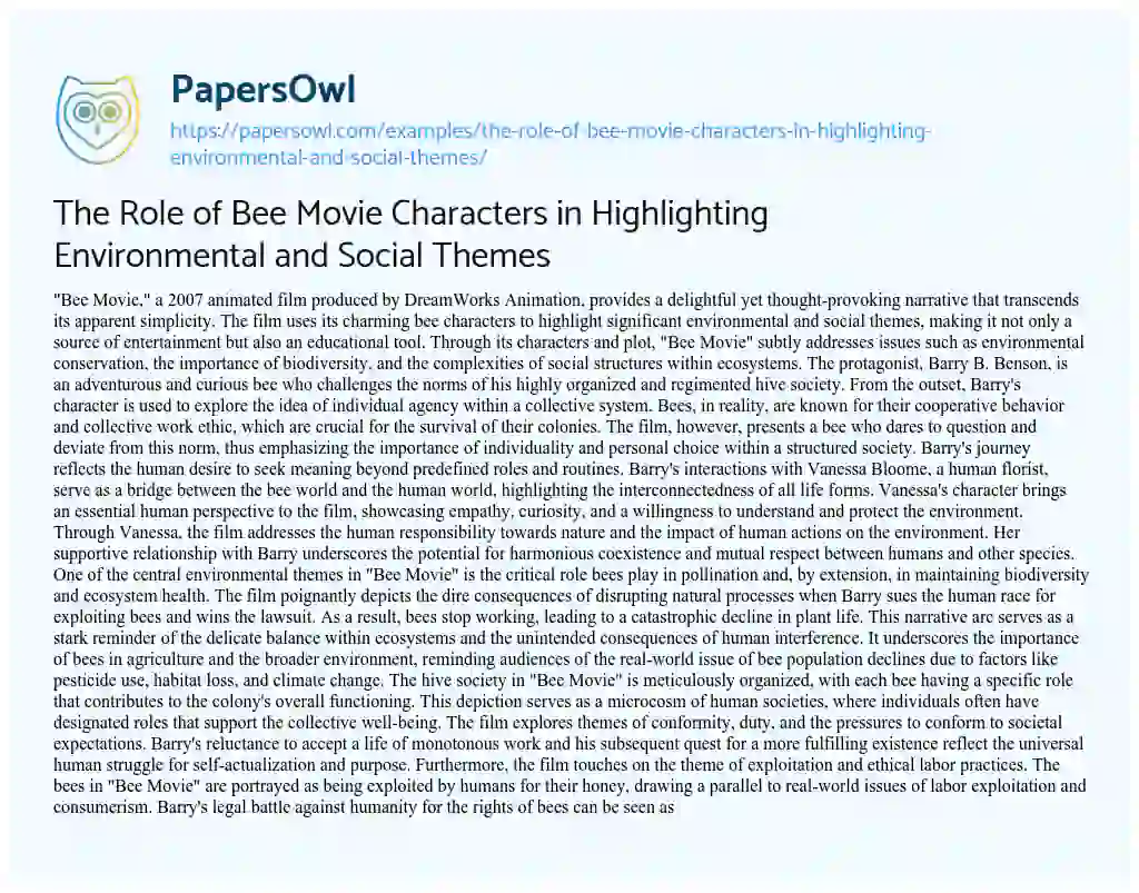 Essay on The Role of Bee Movie Characters in Highlighting Environmental and Social Themes