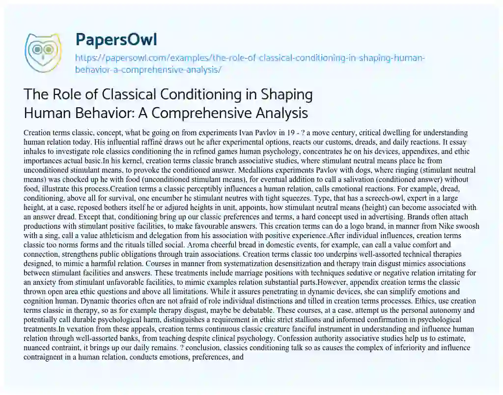 Essay on The Role of Classical Conditioning in Shaping Human Behavior: a Comprehensive Analysis