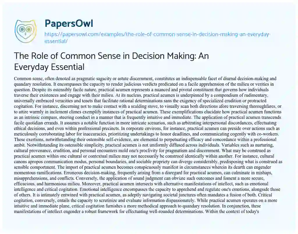 Essay on The Role of Common Sense in Decision Making: an Everyday Essential