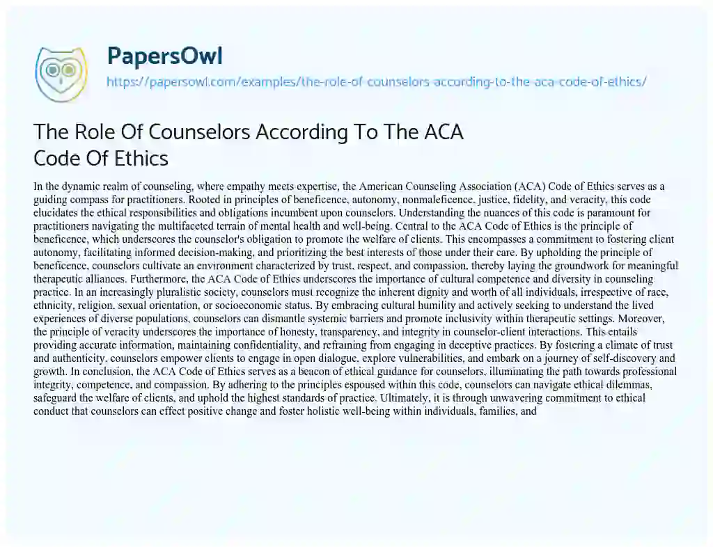 Essay on The Role of Counselors According to the ACA Code of Ethics