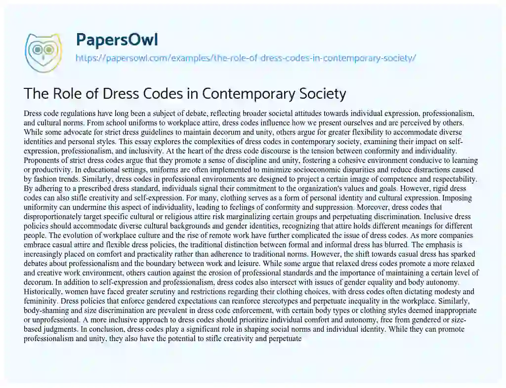 Essay on The Role of Dress Codes in Contemporary Society