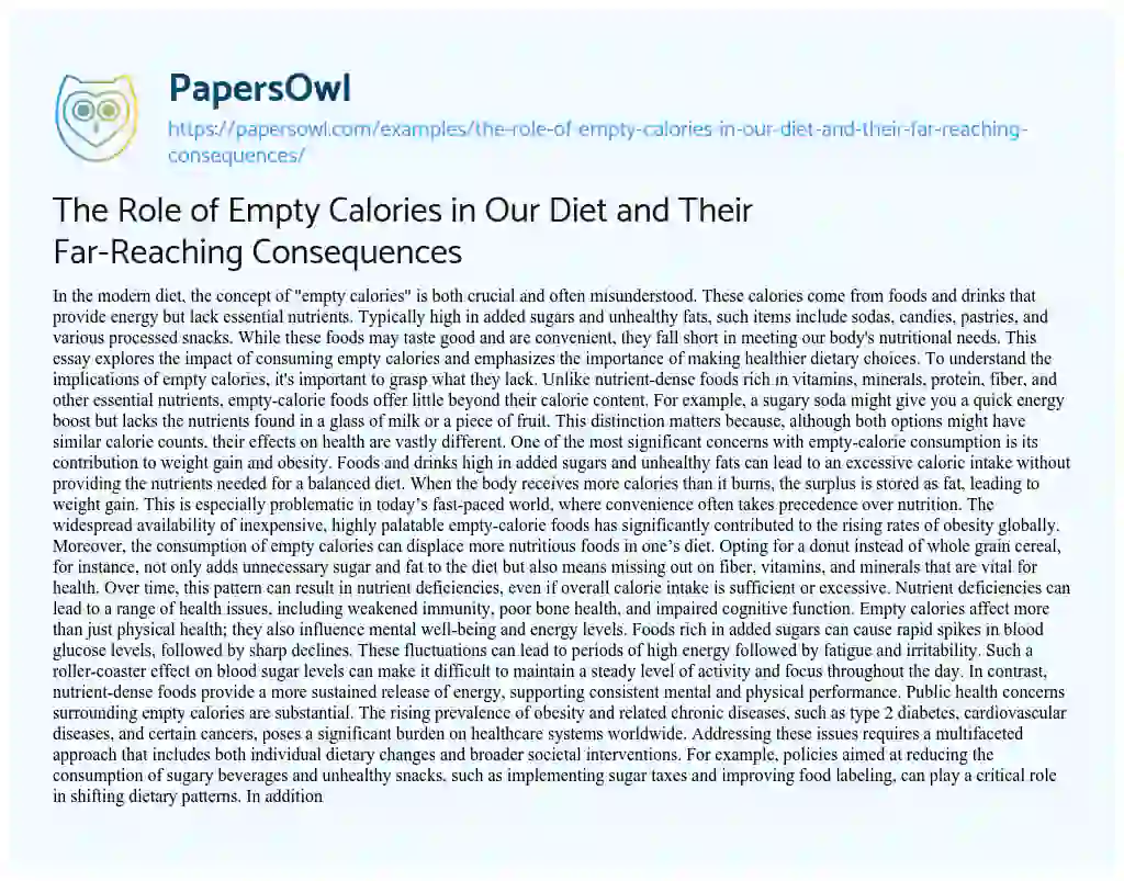 Essay on The Role of Empty Calories in our Diet and their Far-Reaching Consequences