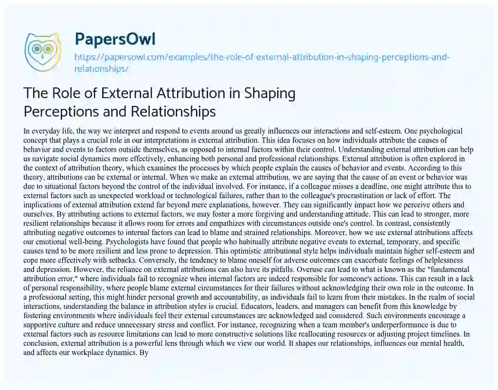 Essay on The Role of External Attribution in Shaping Perceptions and Relationships