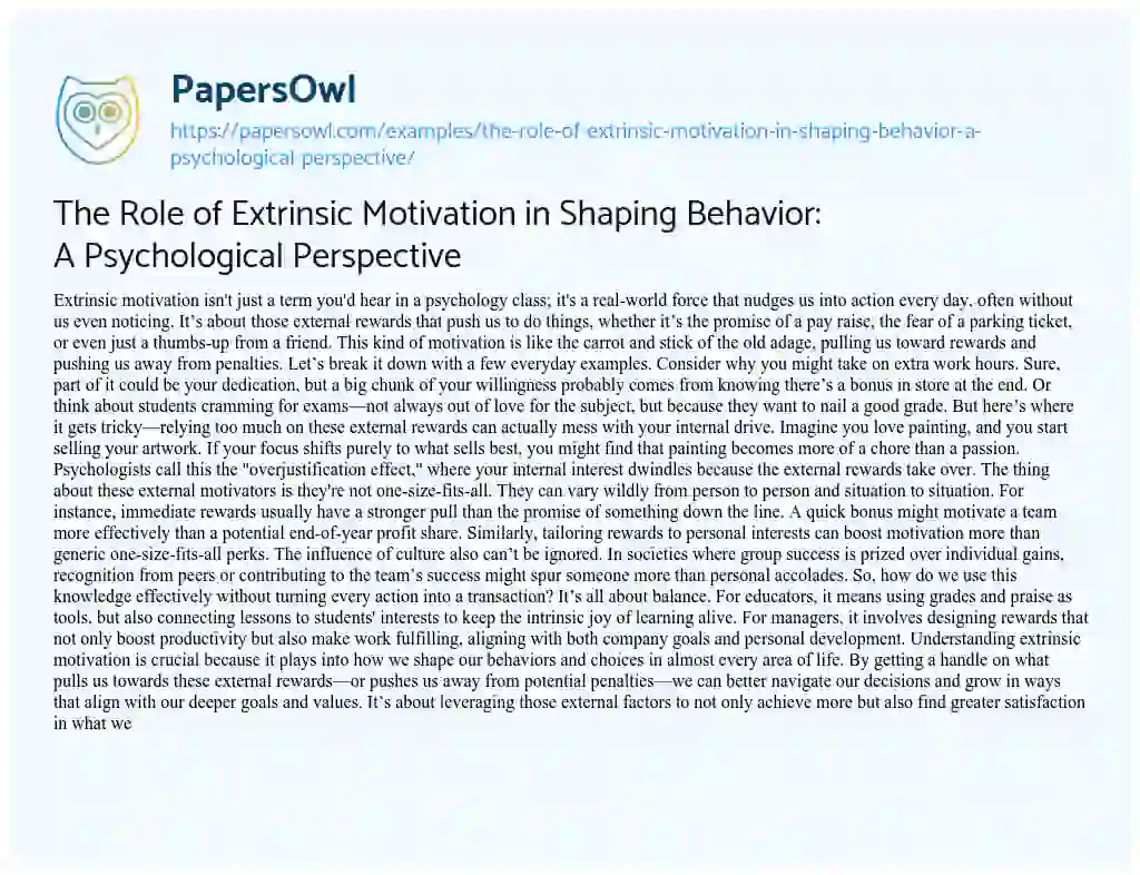 Essay on The Role of Extrinsic Motivation in Shaping Behavior: a Psychological Perspective