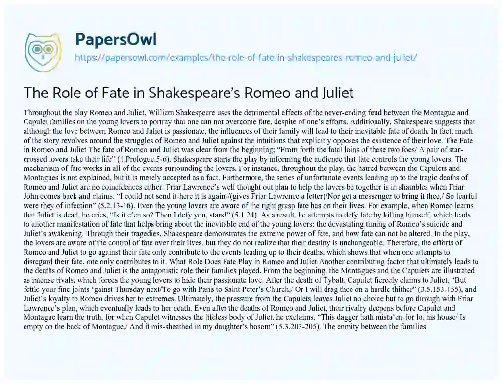 Essay on The Role of Fate in Shakespeare’s Romeo and Juliet
