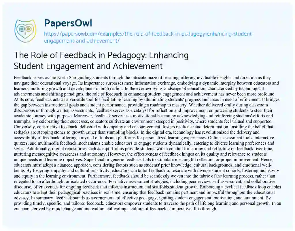 Essay on The Role of Feedback in Pedagogy: Enhancing Student Engagement and Achievement