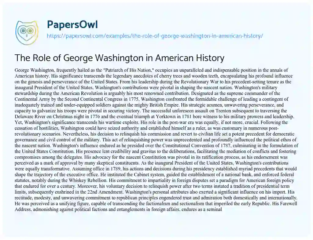 Essay on The Role of George Washington in American History