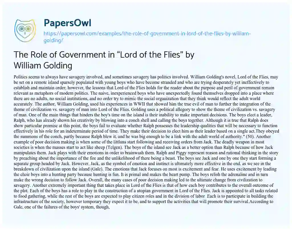 Essay on The Role of Government in “Lord of the Flies” by William Golding
