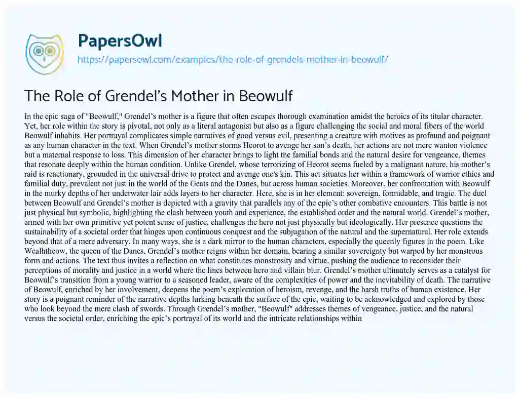 Essay on The Role of Grendel’s Mother in Beowulf