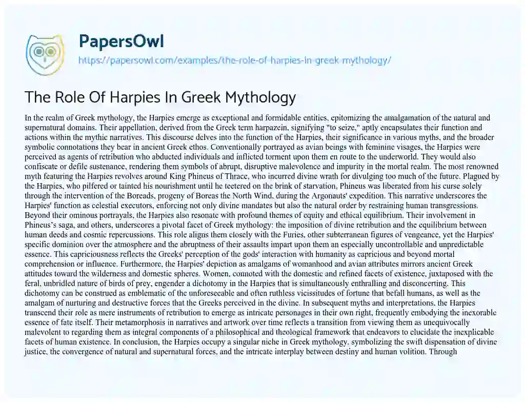 Essay on The Role of Harpies in Greek Mythology